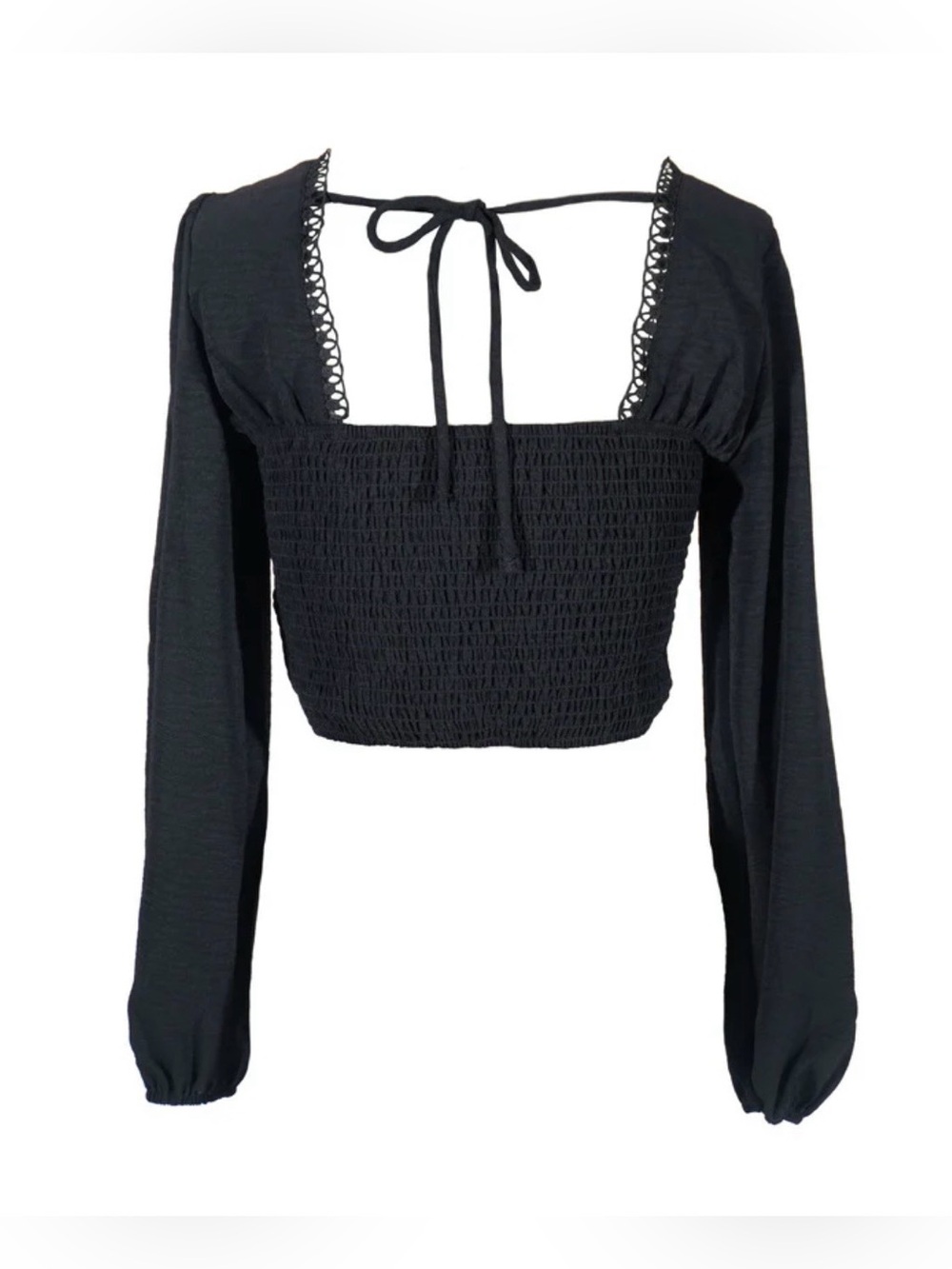 Forever 21 Black V-Neck Lace-Trim Puff Sleeve Crop Top - Picture 6 of 8